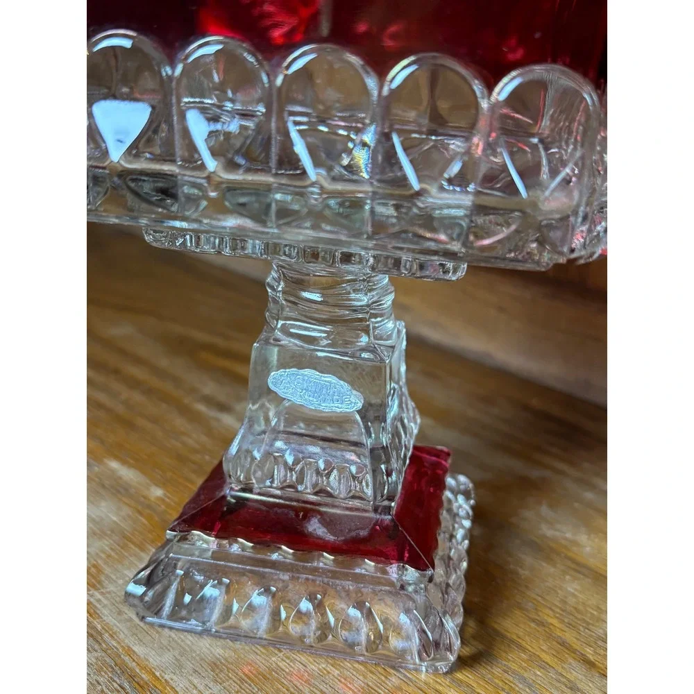 Vintage Smith Glass Ruby Red Clear Pedestal Candy Dish Lid Square Compote